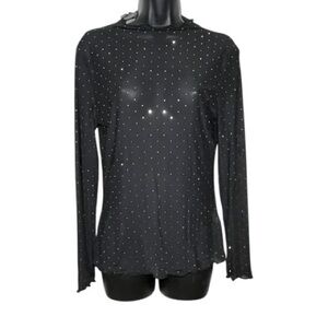 Gleeneat Elegant Sheer Black Diamond Studded Long Sleeve Blouse
